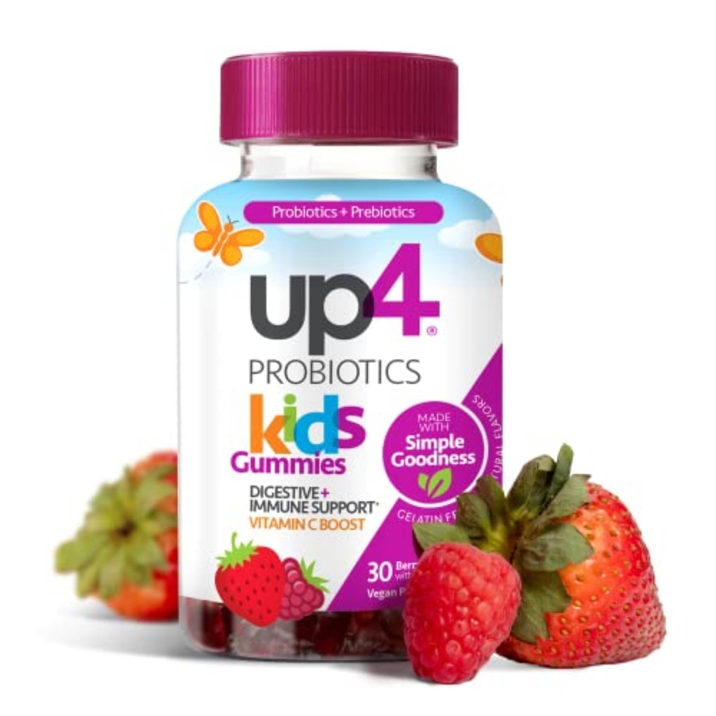 up4 Kids Probiotiske Gummies, fordøjelses- og immunstøtte med Prebiotika og C-vitamin, Gelatine fri, Gluten fri og ikke-GMO, I alderen 3 +, 30 tæller