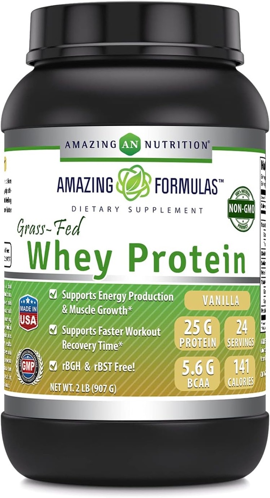 Amazing Formulas Grass- Fed Whey Protein Powder Supplement Note 124; 2 Lbs Note 124; Vanilla Flavor Note 124; Non- GMO Note 124; Gluten- Free Note 124; Lavet i USA