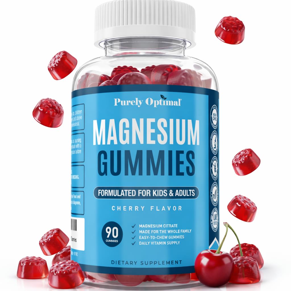Purely Optimal Magnesium Citrate Gummies for Kids & Adults - Delicious Cherry Flavor - Sleep, Calm & Digestive Support, Relaxation, Muscle Health - Chewable Magnesium, Gluten-Free, Vegan - 90 Gummies