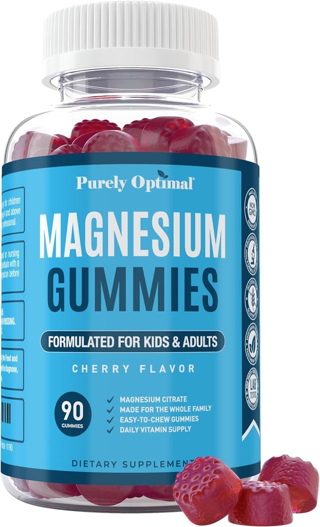 Rent Optimal Magnesium Citrate Gummies for børn og voksne - Lækker Cherry Flavor - Sove, rolig & fordøjelsesstøtte, afslapning, muskelsundhed - Chewable Magnesium, Glutenfri, Vegan - 90 Gummies