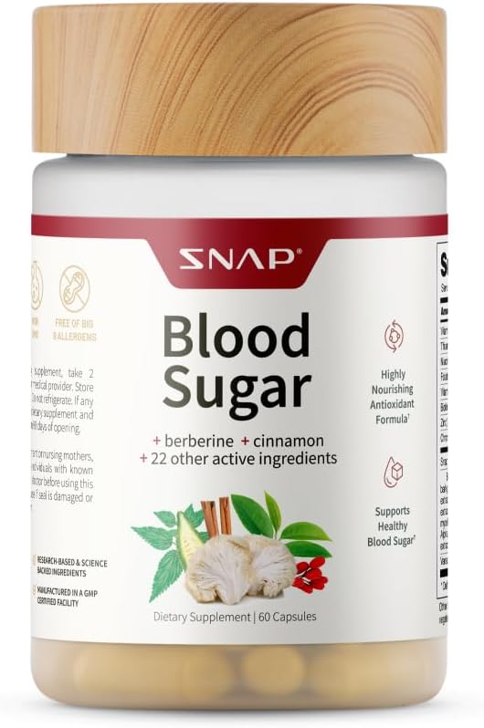 Snap kosttilskud Blood Sugar Blend med Berberine, CoQ10, kanel, Alpha Lipoic Acid og Gymnema til at støtte sund blodsukker, stofskifte sundhed og energi, sukker fri, 60 kapsler