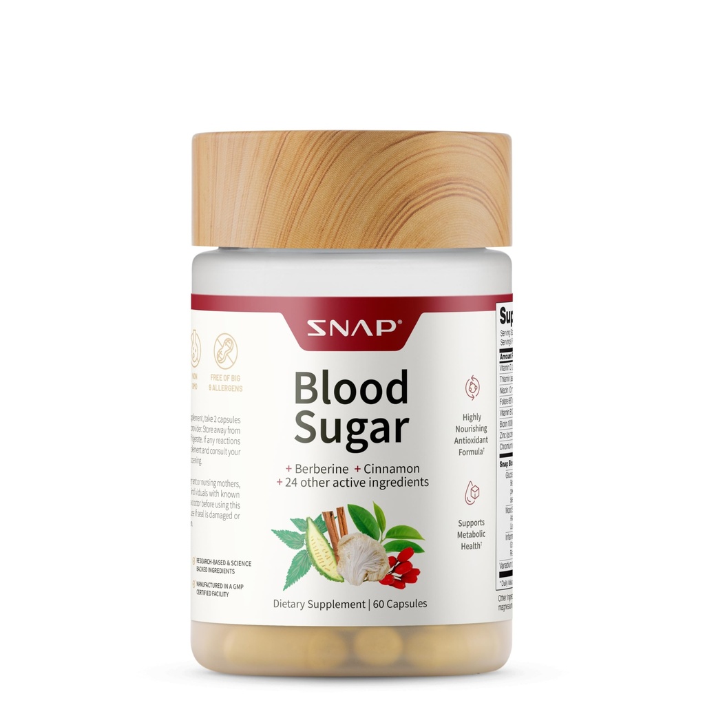 Snap kosttilskud Blood Sugar Blend med Berberine, CoQ10, kanel, Alpha Lipoic Acid og Gymnema til at støtte sund blodsukker, stofskifte sundhed og energi, sukker fri, 60 kapsler