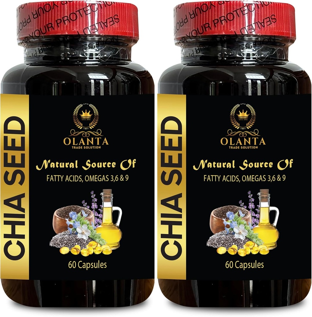 CHIA frø supplement - Chia frø ekstrakt piller, fordøjelsestilskud til Bodybuilding, Omega-3, høj fiber og protein kilde, essentielle fedtsyrer - 2 flasker 120 kapsler