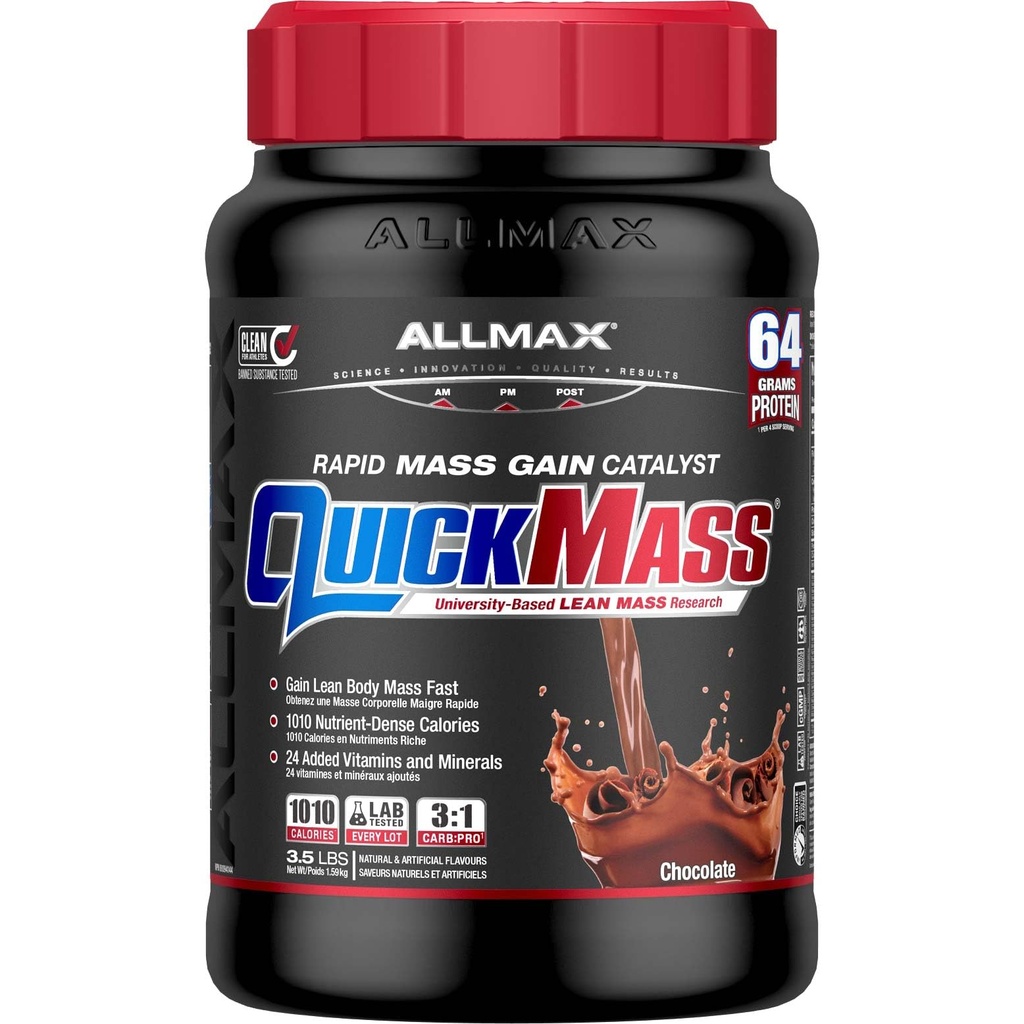 ALLMAX QUICKMASS, Chokolade - 3,5 LB - Rapid Mass Gain Katalysator - Op til 64 Gram Protein Per Servering - 3: 1 Carb til Protein Ratio - Zero Trans Fat - Op til 24 Servere