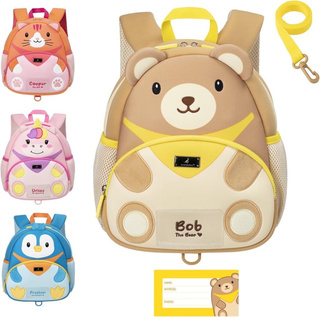 BabbleRoo Toddler rygsæk, Kids rygsæk - Light & Comfortable, Vand resistent Neopren, Leash for Toddlers 1-3, Reflekterende Strips for synlighed, Animal rygsæk, Bob The Bear
