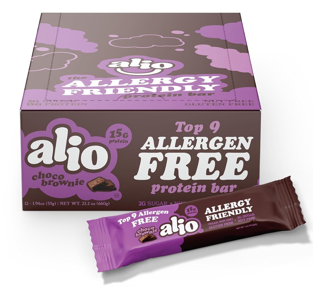 Alio Protein Bars - Choco Brownie (12 Bars) - Gratis fra Top 9 Food Allergens, High Protein, Low- Calorie, Vegan, Gluten- Free, Nut- Free, Non- GMO, Plant- baseret, Seed Oil Free, Lækker & Sund Snack