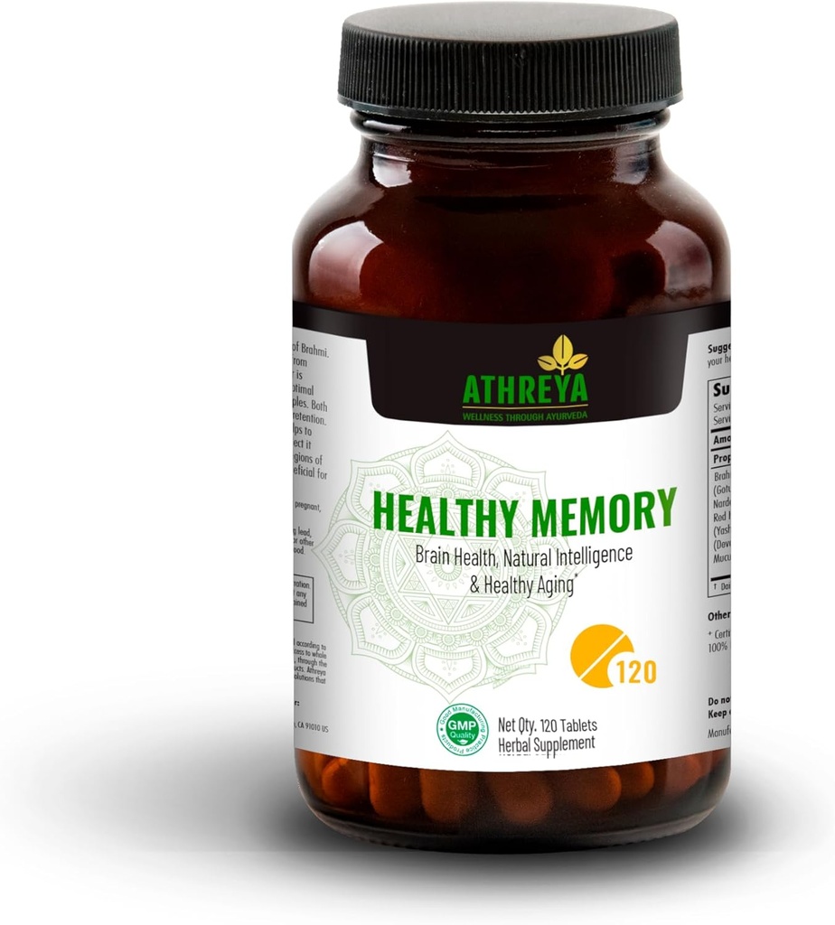 Athreya Herbs Healthy Memory Tablets | 120 Tablets | Ayurvedic Herbal Memory Supplement for Brain | Healthy Ageing | Boost Concentration | Improve Memory & Clarity | Vegan, Non-GMO | 30 Day Supply