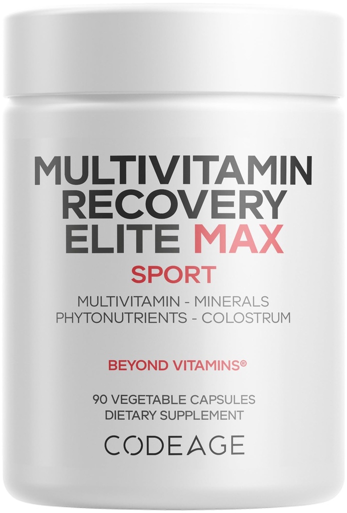 Codeage Multivitamin Recovery Elite Max Supplement - Vitaminer A, C, D, E, B- Complex, Essential Minerals, Antioxidanter, Colostrum, Phytonutrients, Pantethine, Non- GMO, Sport Multivitaminer - 90 kapsler