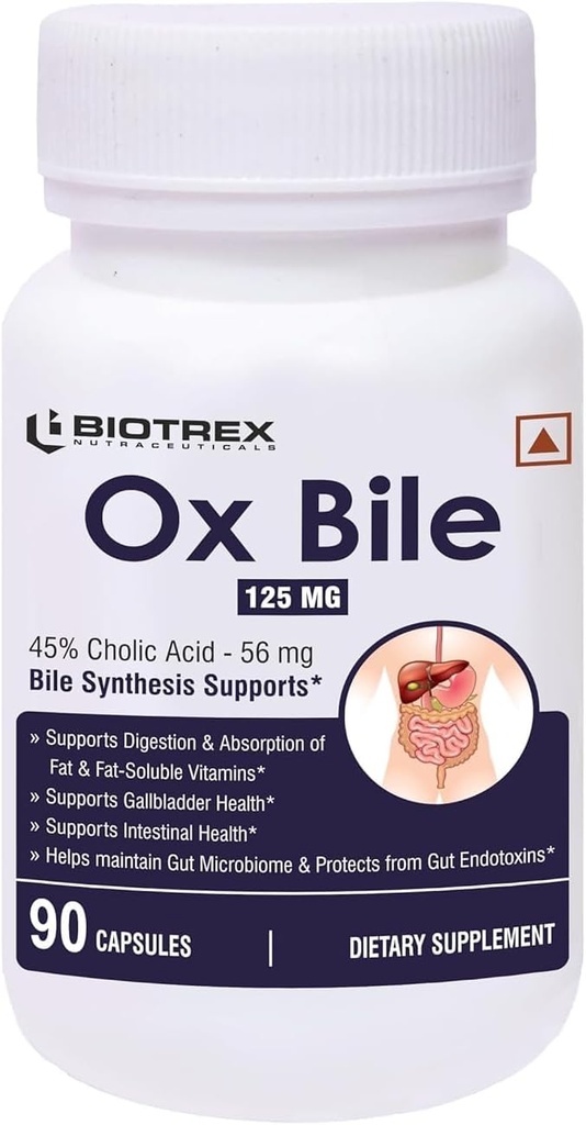 Generisk Pub OX Bile Extract 125mg, 45% CHOLIC Acid, Understøtter Gallblære Sundhed & understøtter sund fordøjelse, Bile Syntese Support, (Gluten Free & Non- GMO) - 90 kapsler