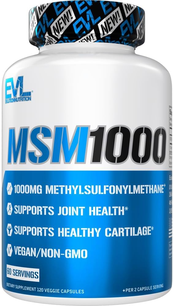 Evolution Nutrition MSM1000- 1000 MG Methylsulfonylmethan Supplement - Fælles sundhedsstøtte - Cartiage Supplement - Vegan + Non- GMO MSM Kapsler - 60 Servering