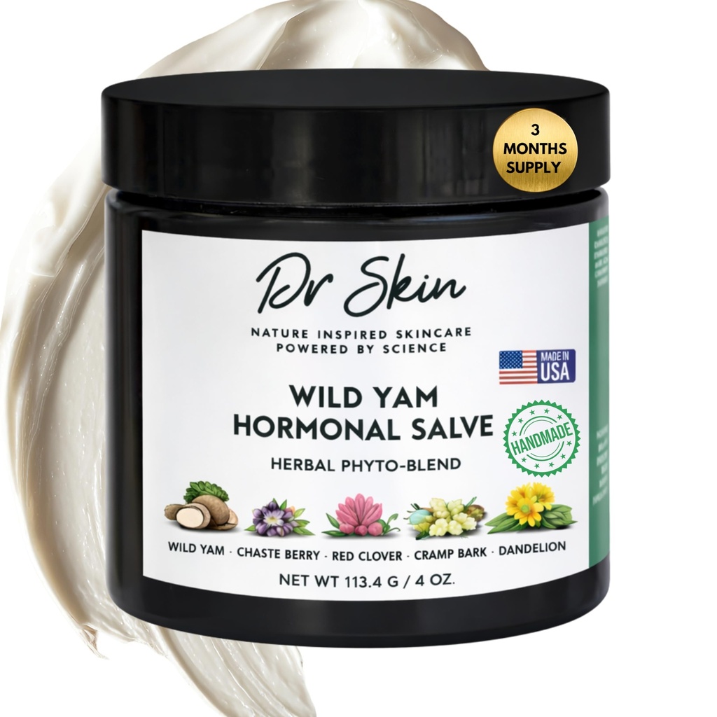 Dr. Skin Wild Yam Cream for Hormone Balance 4oz ttesved 124; 100% Organic Natural Menopause & Perimenopause Support, Herbal Yam Cream til kvinder PMS, Hot Flush, Mood Swings, Night Sweats, Cramps Relief