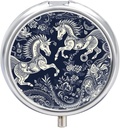 Round Pill Box Chinese Horse Pattern Printed 3 Compartment Small Pill Case Portable Travel Pill Container to Hold Supplements Vitamins Fish Oil Medication