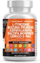 Rene nukleosteroider L Tyrosine Mucuna Pruriens Bacopa Monnieri Ashwagandha Focus Supplement w / N- Acetyl Cysteine NAC 5- HTP Ginkgo Biloba Alpha GPC Vitamin C D B1 B12