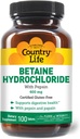 Country Life Betaine Hydrochlorid with Pepsin, 600mg, 100 tabletter, Certified Gluten Free