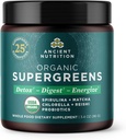 Ancient Nutrition Organic SuperGreens Powder med Probiotika, Organic Green Flavor Green, Lavet af ægte frugter, grøntsager og urter, fordøjelses- og energistøtte, 12 Servere, 3.4oz