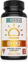 Zhou D3+K2 - Vitamin D3 K2 Supplement for Women & Men, Immune Support Vit D3 and K2 Supplements, Pure Vegetarian Formula with 5000 IU of D3 and MK-7 - 60 Veggie Capsules (Pack of 1)