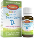 Carlson - Baby 's Plant- Based Super Daily D3, Baby Vegetar Liquid Vitamin D Drops, 400 IE (10 mcg) per drop, Sourced from Algae, for Spædbørn og Toddlers, Unflavored, 90 Drops (2,54 mL)