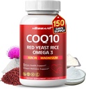 COQ10 + rød gær ris supplement - 10-in-1 Natural Blend med Omega 3 Vitamin B3, K2, D3, Zinkmælk Thistle Black Pepper - 150 Greve - Made & Testet i USA