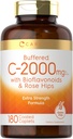 Carlyle Buffered C-vitamin: 124; 2000mg; 124; 180 kapsler: 124; med Bioflavonoider og Rose HIPS: 124; Vegetar, Non- GMO, og Gluten Free Supplement