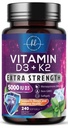 D-vitamin med K2 (MK- 7) - vitamin D3 5000IE (125mcg) Per Serving - D3K2 Complex supplement for ben, tænder, muskler, Calcium Absorption, immunforsvar & hjerte sundhed - flaske i USA - 240 Softgels