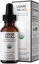 Kodeage Flydende D3 + K2 Vitaminer USDA Organic - Vitamin D3 2000 IE, Vitamin K2 (MK4 & MK7) Flydende dråber - Immunstøtte - Unflavored - Organic MCT Olie - non-GMO - 1 fl oz