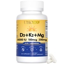 UBIOSKA D3 K2 Magnesiumtilskud - 5000 IE D3 + MK- 7 K2 med 8- Form Magnesium (Glycinat, Taurat, Malat) til rolig søvn, stress relief, mood balance & strong Bones - 60 kapsler