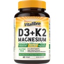 Vitalibre D3 K2 + Magnesiumtilskud, 10000 IE D3 & 100 mcg K2, med Magnesium Glycinat, Knogler, tænder, immunforsvar og energistøtte, Høj Absorption, Non- GMO, Let at synke, 60 Softgels