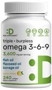 Triple Omega 3-6-9 Fish Oil Supplements 3,600mg - 240 Softgels med Flaxseed Oil & Borage Olies Complex - High EPA + DHA - Burpless Pills, Lemon Flavored, Wild Caught - Heart, Joint, & Brain Support