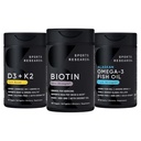 Sports Research ® Sund Hår Pack - Biotin 5.000mcg med Organic Coconut Oil + Vegan Vitamin D 5000iu & Mk7 Vitamin K 100mcg + Omega-3 Fish Oil 1250