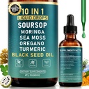10- in-1 Soursop Bitters Liquid Drops til Gut Cleanse & Immunboost & Detox med Sea Moss, Moringa, Black Seed Oil, Turmerisk, Ashwagandha, VC, VD - 2 Fl Oz - Non-GMO, Vegan