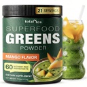 Total Tea Super Greens Powder Supplement, Greens, Fruits, Vegetables, Vegan Drink with Spirulina, Chlorella and Vitamins 21 Servings - Mango