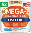 Omega 3 Fish Oil for Dogs (180 Ct) - Hud & Coat Chews - Tør & Itchy Skin Relief + Allergy Support - Shiny Coats - EPA & DHA Fedtsyrer - Natural Salmon Oil Chews fremmer hjerte, Hip & fælles støtte