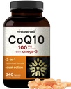 NatureBell CoQ10 100mg med Omega 3, 240 Kapsler; Stabil High Absorption Form - Antioxidant Support for Heart & Energy Health - Ekstra styrke Coenzym Q10 Supplement
