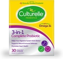 Culturelle 3- in-1 Komplet Probiotisk Daglig Formel, En gang pr dag Probiotisk supplement, Hjælper dit fordøjelsessystem arbejde bedre, Understøtter naturlige immunforsvar, Plus Omega 3 s, Non- GMO, 30 Greve