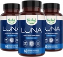 Nested Naturals Luna Melatonin Free, Non-Habit Forming Herbal Sleep Supplement w/Chamomile, Valerian, L-Theanine, 180 Vegan Capsules (60 Capsules Per Bottle)