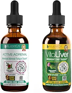 Rejuvica Health Active Adrenal + VitaLiver - Support Stress + Lever - Flydende levering til bedre absorption - Rhodiola, Milk Thistle, Holy Basil, Artiskoke,