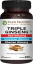 Pure Nutrition Triple Ginseng - en unik og effektiv kombination af rød Ginseng, amerikansk Ginseng og sibirisk Ginseng. 790mg per kapsler 125; 60 Veg Caps Pack