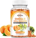Omega 3 Gummies, Omega 3 Fish Oil Supplements Alternative med EPA & DHA, CoQ10, Folate, Vitamin A, D3, E, Understøtter hjerne, fælles, hjerte, øje og immunsystem funktioner-Orange Flavor, 60 Gummies