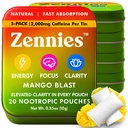 Zennies Caffeine Nootropic Pouches with Alpha GPC, L-Tyrosine & L-Theanine, Lion's Mane, Cordyceps, Reishi - Nicotine Free, No Sugar or Artificial Sweeteners Nootropic Energy Pouches, Mango Blast 5 PK