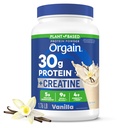 Orgain 30g Vegan Protein + 5g Micronized Creatine Monohydrate Powder, Vanilla, 9g EAAs + BCAAs, 4g Fiber, 1g Sugar, Pre-Workout, Muscle Support, Post Workout Recovery and Brain Health, 1.76lb