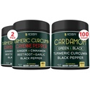 Herbpy Bundle 7in1 Turmeric Root 1510mg/serving (2pack60 for 60 Servings) & 4in1 Black and Green Cardamom 755mg/serving (100 Count 100 Servings)
