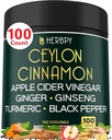 6in1 Premium Ceylon kanel supplement Plus Apple Cider Vinagra, gurkemeje, Ingefær, Ginseng - Vægt håndtering, fordøjelse - 100 Veganske kapsler