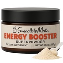 Smoothie Mate Energy Booster Superpowder. Mix into your Favorite Smoothie or Shake for extra focus, alertness, and lasting energy. 100 mg of Caffeine per Serving. Unflavored, Zero Sugar, 40 Servings
