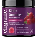 Cliganic Biotin Gummies Extra Strength – 10,000 mcg Biotin per Gummy, Raspberry Flavored Supplement for Men & Women, Non-GMO, Supports Hair Growth and Strong, Healthy Hair, Nails & Skin, 60 Count