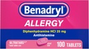 Benadryl Ultratabs Allergi Medicin, 25 mg Diphenhydramin HCl Antihistamin Tablets For Cold & Allergy Relief of Symptoms Like Nysen, Runny Næse, Itchy Eyes & Throat, Hay Fever, 100 Count Tablets