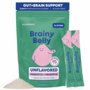 JoySpring BrainyBelly Kids Probiotic, Brain & Gut Support, Unflavored | SunPS phosphatidylserine + 2 probiotic strains. Sugar-free, dye-free, vegan powder stick. Stir into any drink. 30 ct, ages 4+