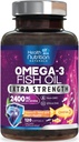 Omega 3 Fish Oil 2400 mg - Triple Strength Omega3, EPA & DHA Fedtsyrer Supplement - Natural Support for Immun, Heart & Brain Health - Wild Caught, Non- GMO, Lemon Flavor, Burpless - 120 Softgel
