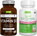 Daily Vitamin D3 + Super B12- Complex, Vegetarisk Bundle, 365 2000iu Vitamin D3 tabletter + Høj Absorption Sublingual B12, ved Igennus