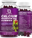 Calcium Magnesium Zink med D3- vitamintilskud, stærkt Absorberet Calcium Gummies med 300 mg Magnesiumglycinat Support Bone & Tænder, Muskel for voksne og teenagere, Sukker fri, Vegan - 60 Greve