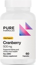PureFormulas Cranberry 500 mg - Understøtter nyre- og urinvejssygdomme - Antioxidant supplement til immunforsvar og cellulær sundhed - Tranebær piller til kvinder & mænd - Non- GMO - 60 kapsler